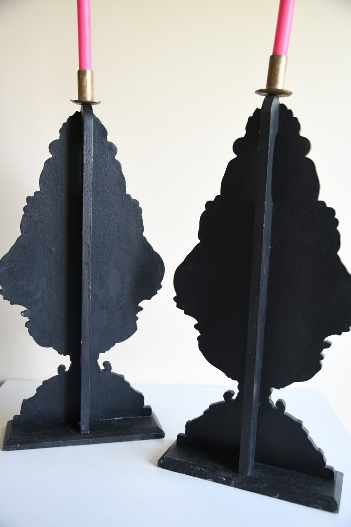 Pair Large Pressed Metal Candle Holders