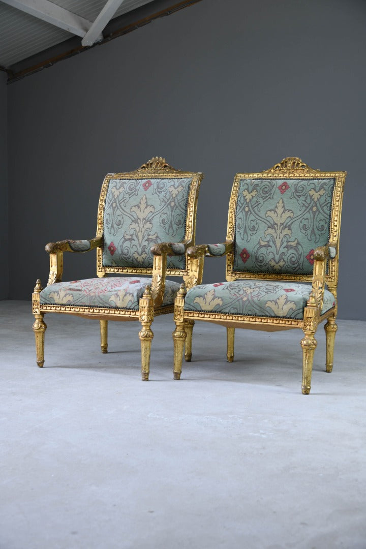 Pair Gold French Louis XVI Style Armchairs