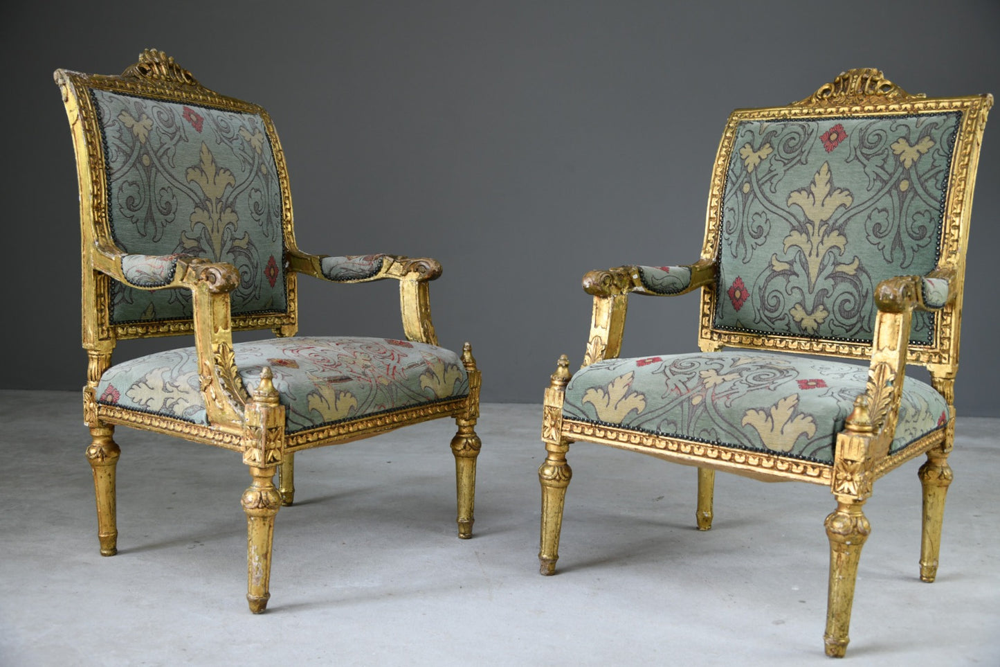 Pair Gold French Louis XVI Style Armchairs