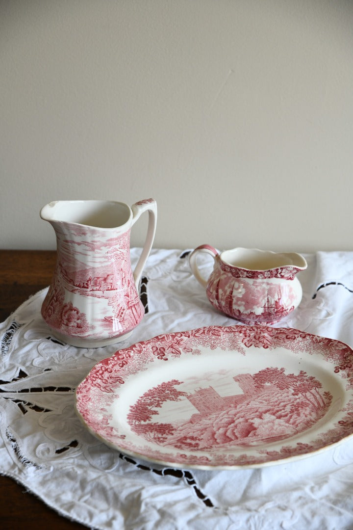 Pink Transferware Jugs & Plate