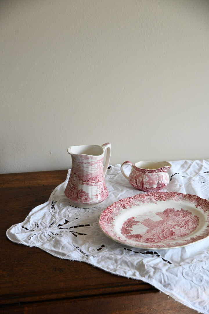 Pink Transferware Jugs & Plate