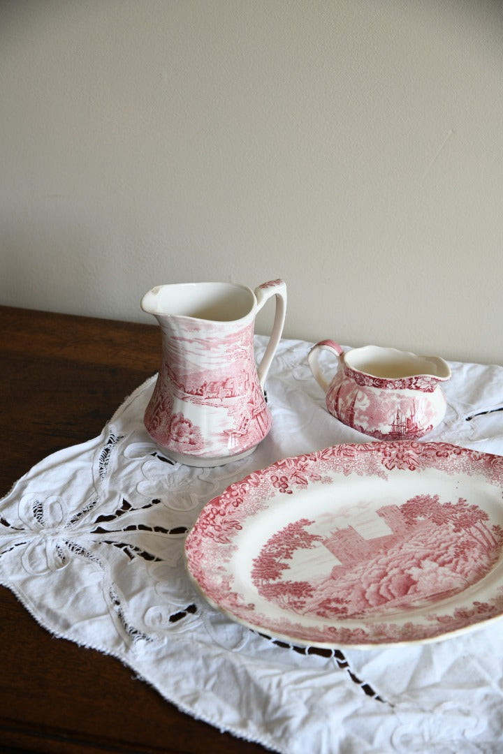 Pink Transferware Jugs & Plate