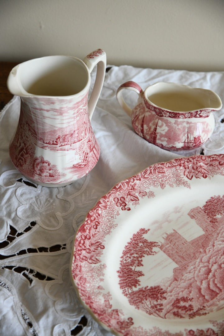 Pink Transferware Jugs & Plate