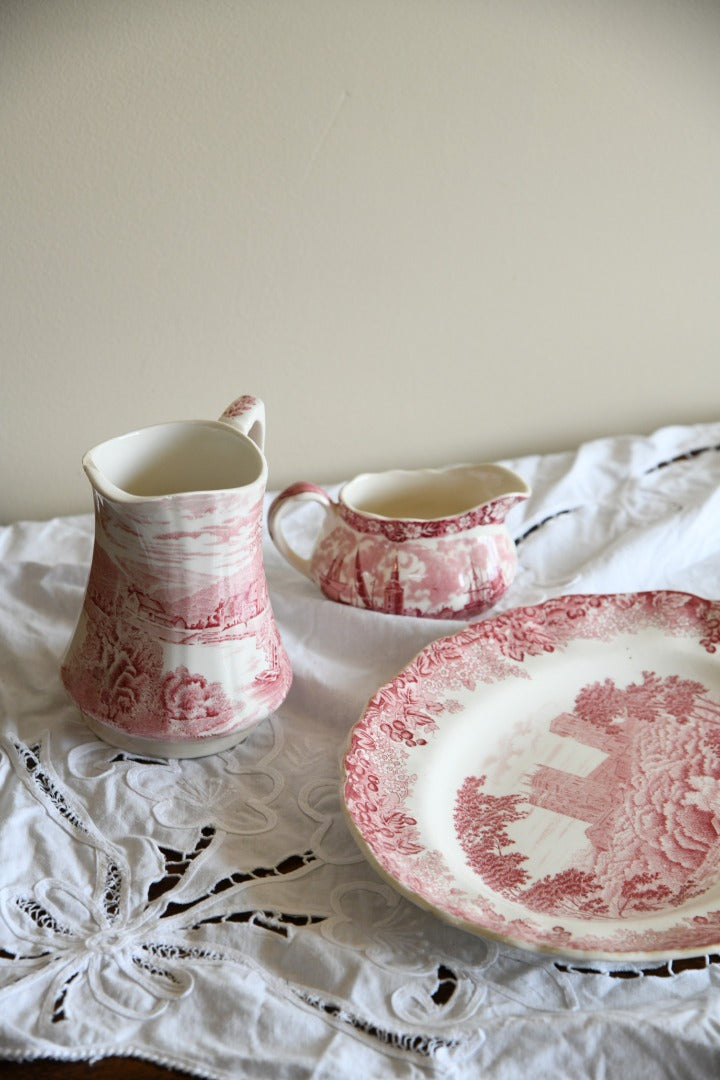 Pink Transferware Jugs & Plate