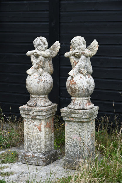 Pair Terracotta Cherub Garden Sculptures