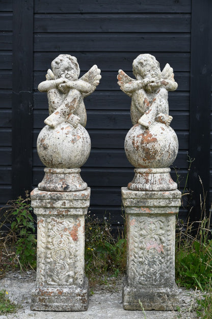 Pair Terracotta Cherub Garden Sculptures