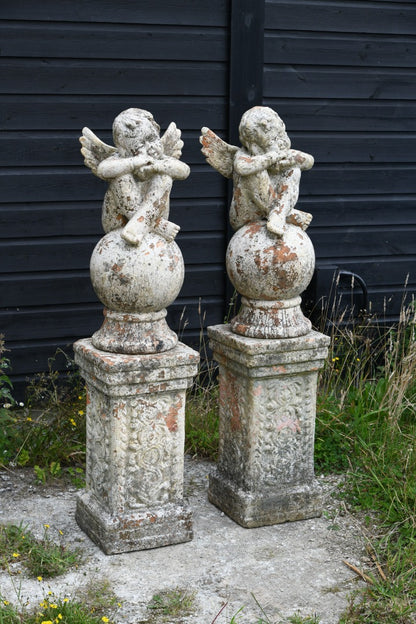 Pair Terracotta Cherub Garden Sculptures