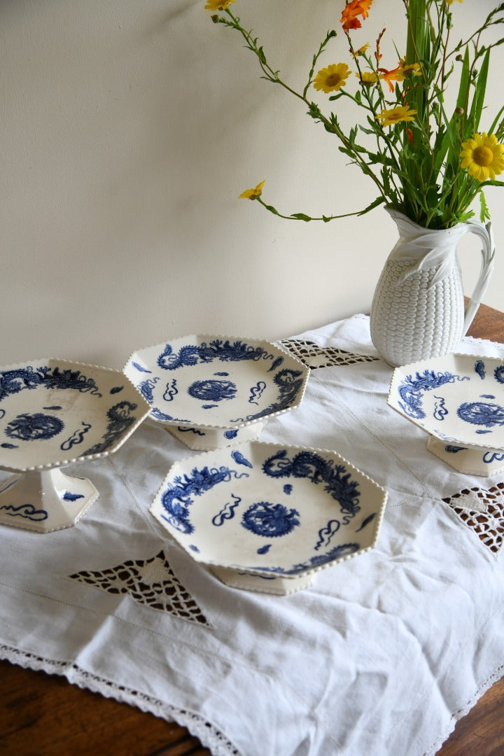 4 Oriental Blue Transferware Comports