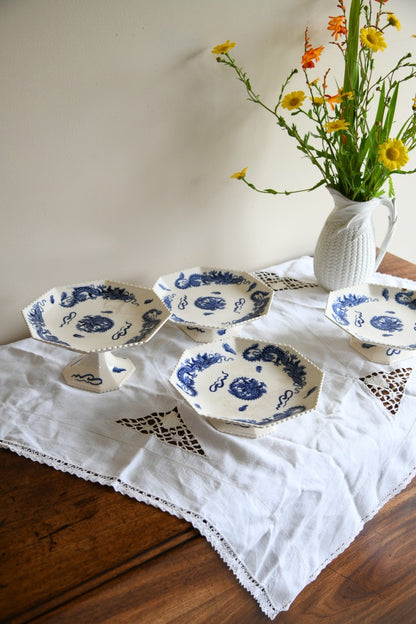 4 Oriental Blue Transferware Comports