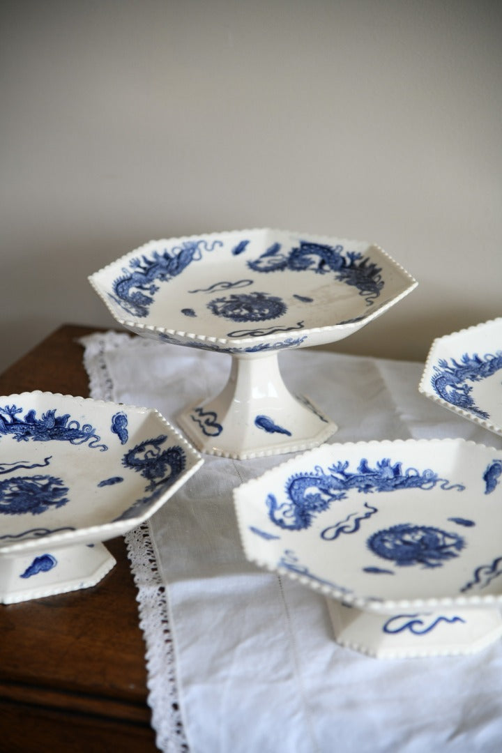 4 Oriental Blue Transferware Comports