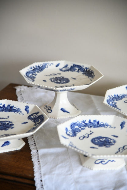 4 Oriental Blue Transferware Comports