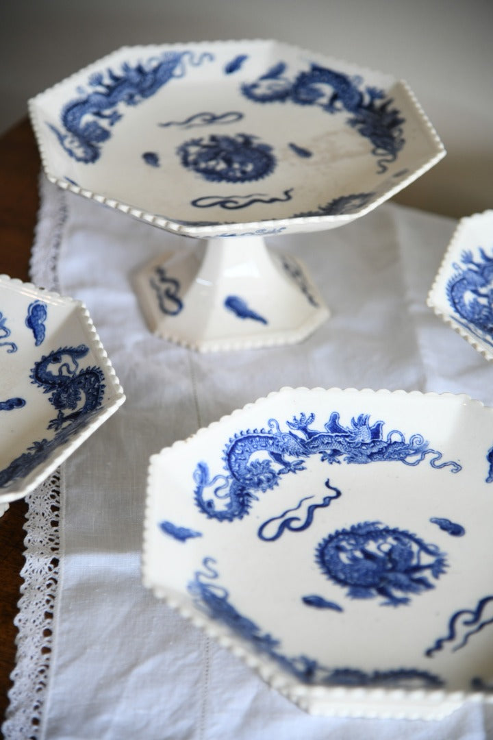 4 Oriental Blue Transferware Comports