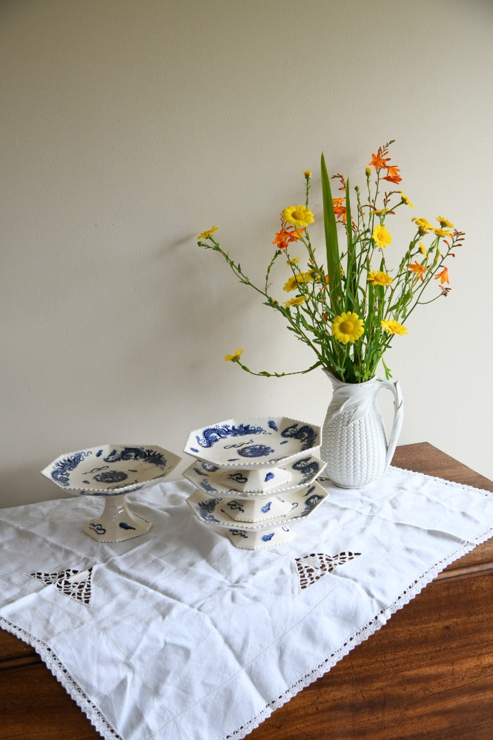 4 Oriental Blue Transferware Comports