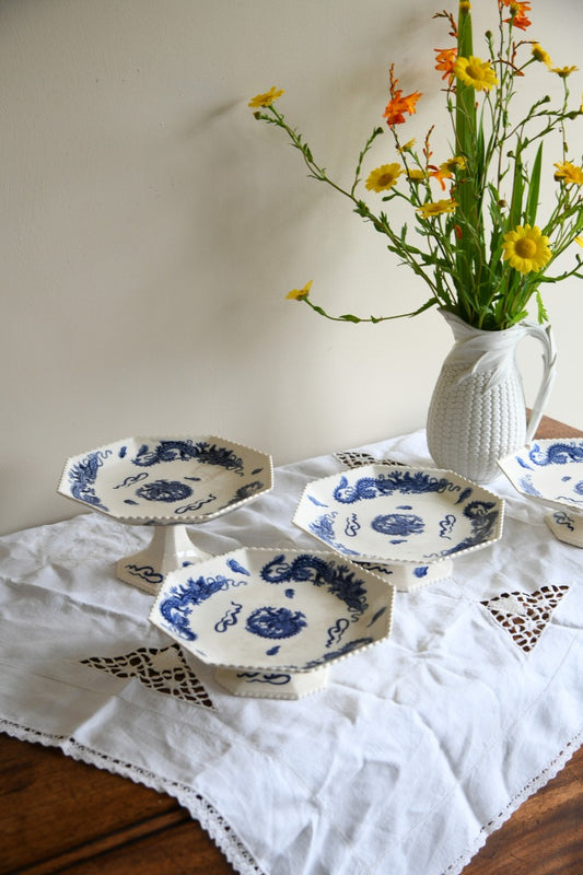 4 Oriental Blue Transferware Comports