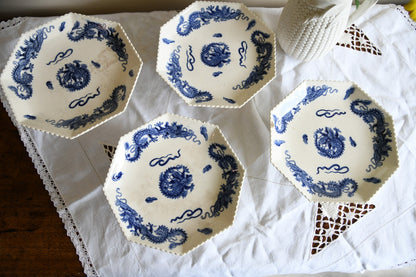 4 Oriental Blue Transferware Comports