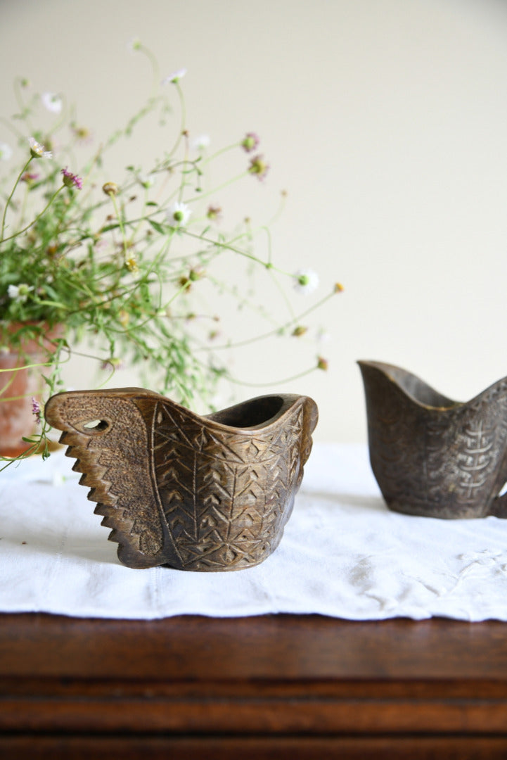 Pair Carved Folk Jugs