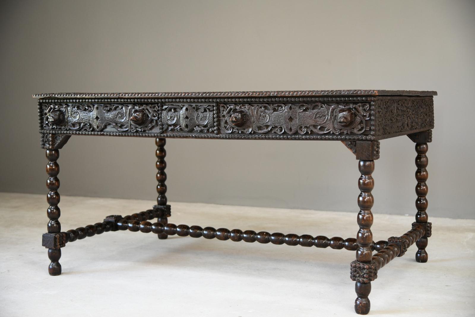 Antique Anglo Indian Carved Padouk Library Table