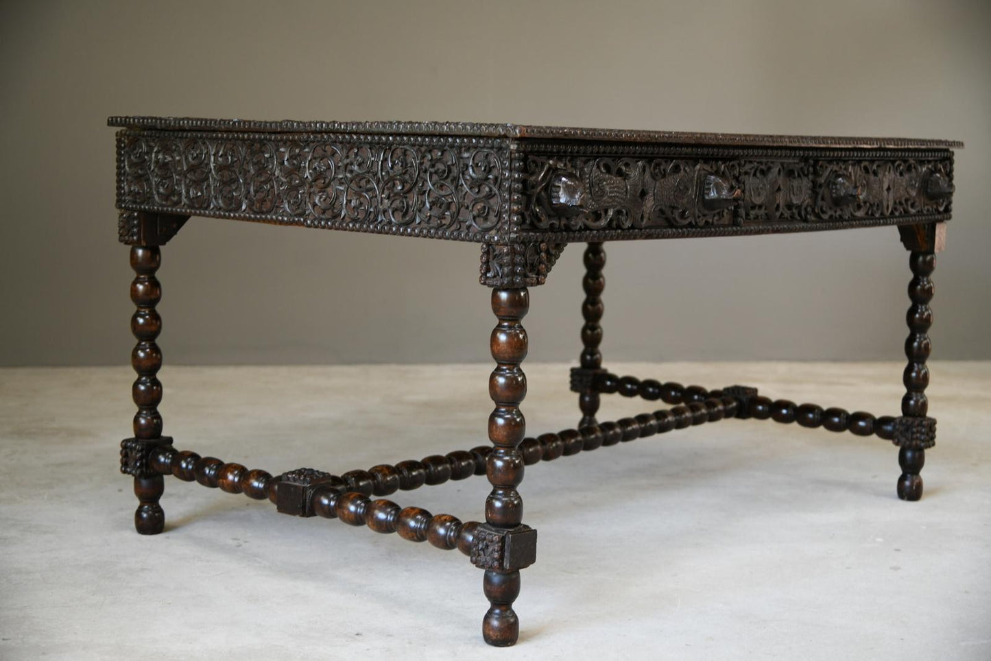 Antique Anglo Indian Carved Padouk Library Table