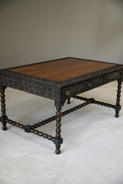 Antique Anglo Indian Carved Padouk Library Table