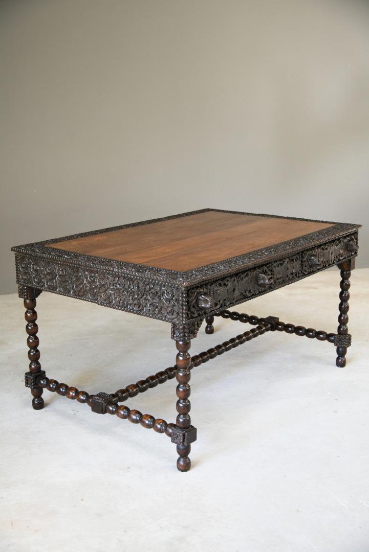 Antique Anglo Indian Carved Padouk Library Table