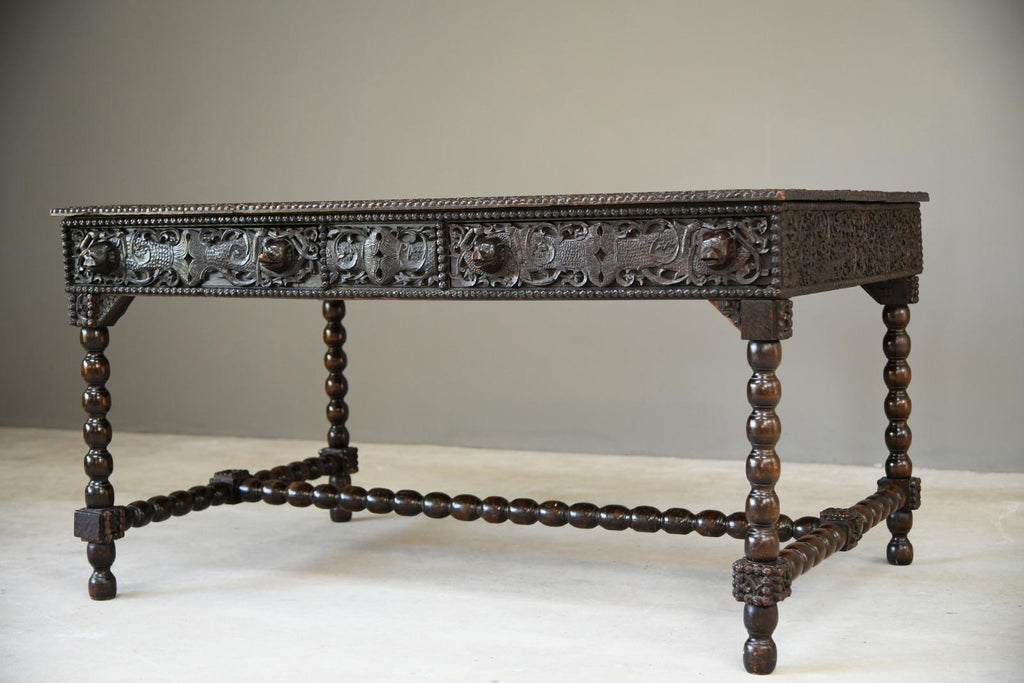 Antique Anglo Indian Carved Padouk Library Table