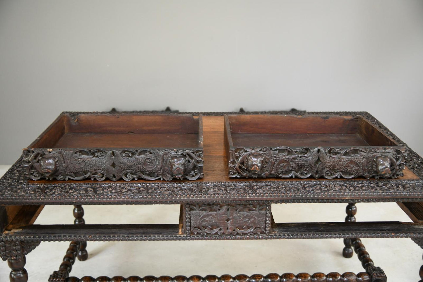 Antique Anglo Indian Carved Padouk Library Table