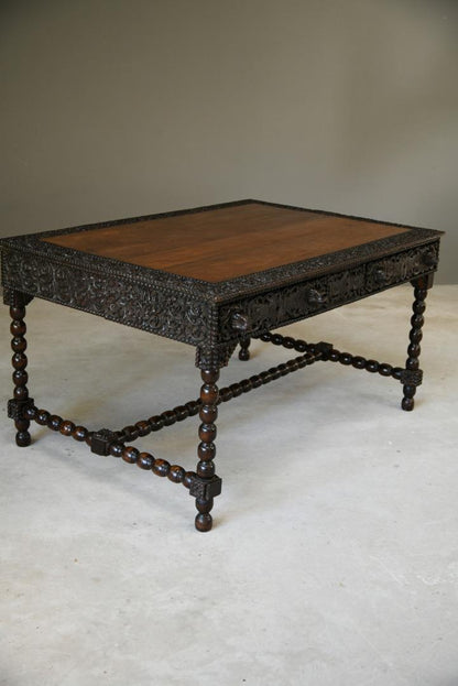 Antique Anglo Indian Carved Padouk Library Table