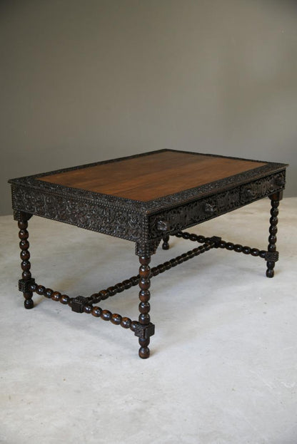 Antique Anglo Indian Carved Padouk Library Table