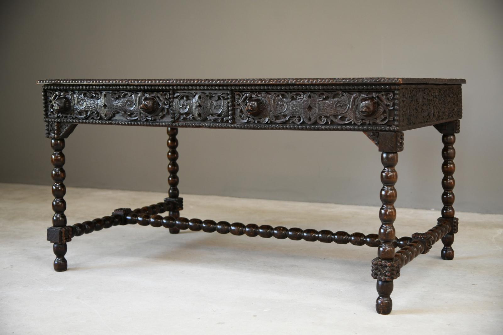 Antique Anglo Indian Carved Padouk Library Table