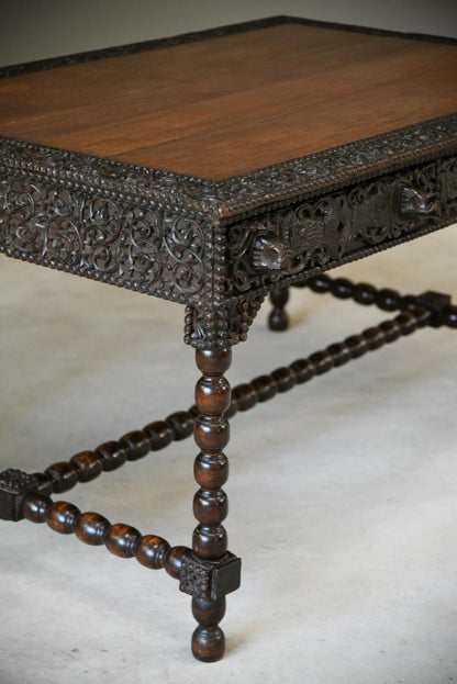 Antique Anglo Indian Carved Padouk Library Table