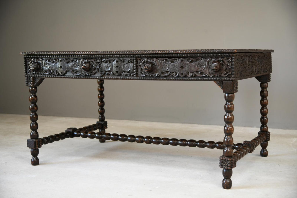 Antique Anglo Indian Carved Padouk Library Table