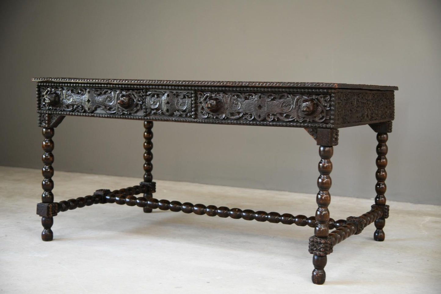 Antique Anglo Indian Carved Padouk Library Table