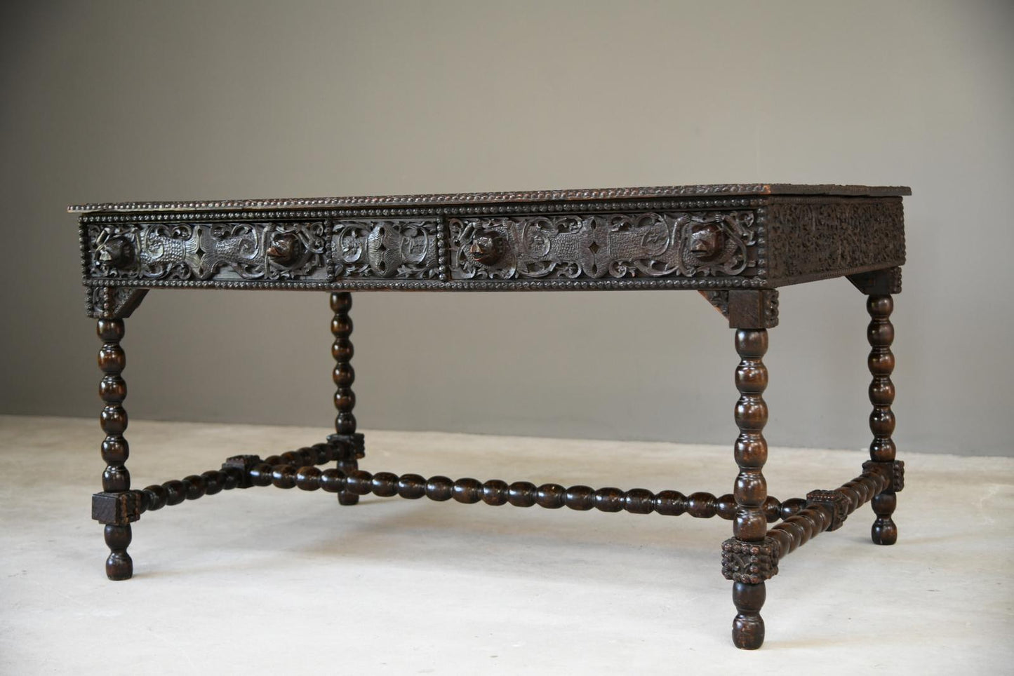 Antique Anglo Indian Carved Padouk Library Table