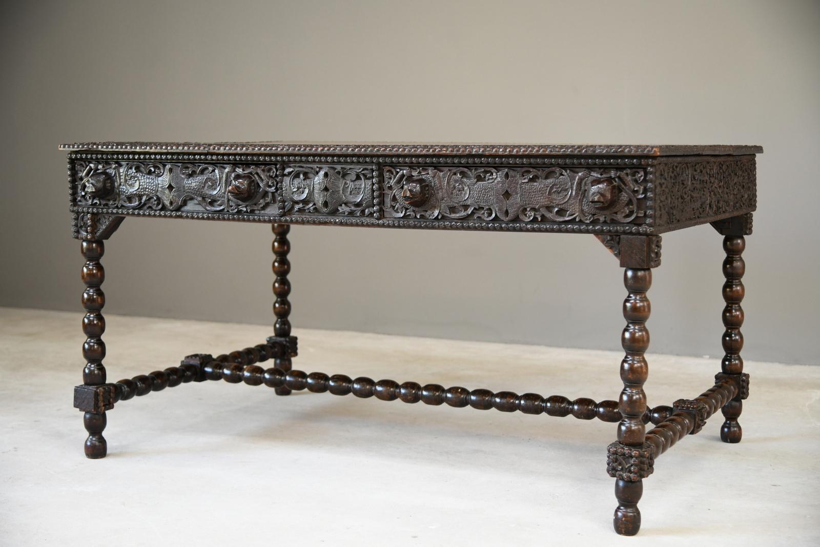 Antique Anglo Indian Carved Padouk Library Table