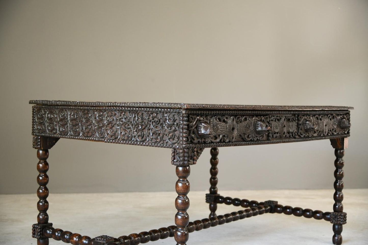 Antique Anglo Indian Carved Padouk Library Table