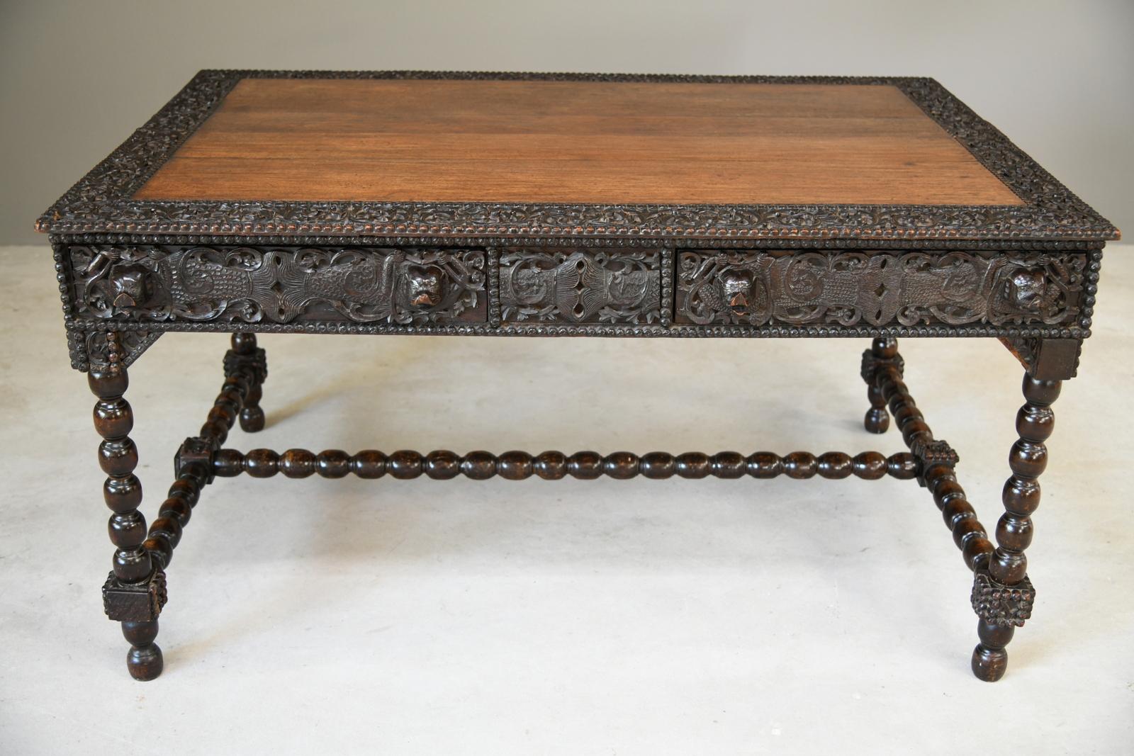 Antique Anglo Indian Carved Padouk Library Table