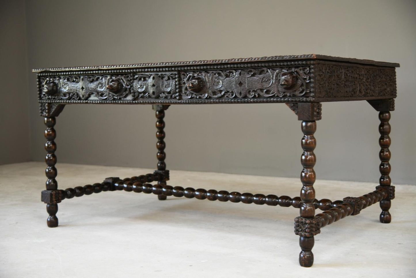 Antique Anglo Indian Carved Padouk Library Table