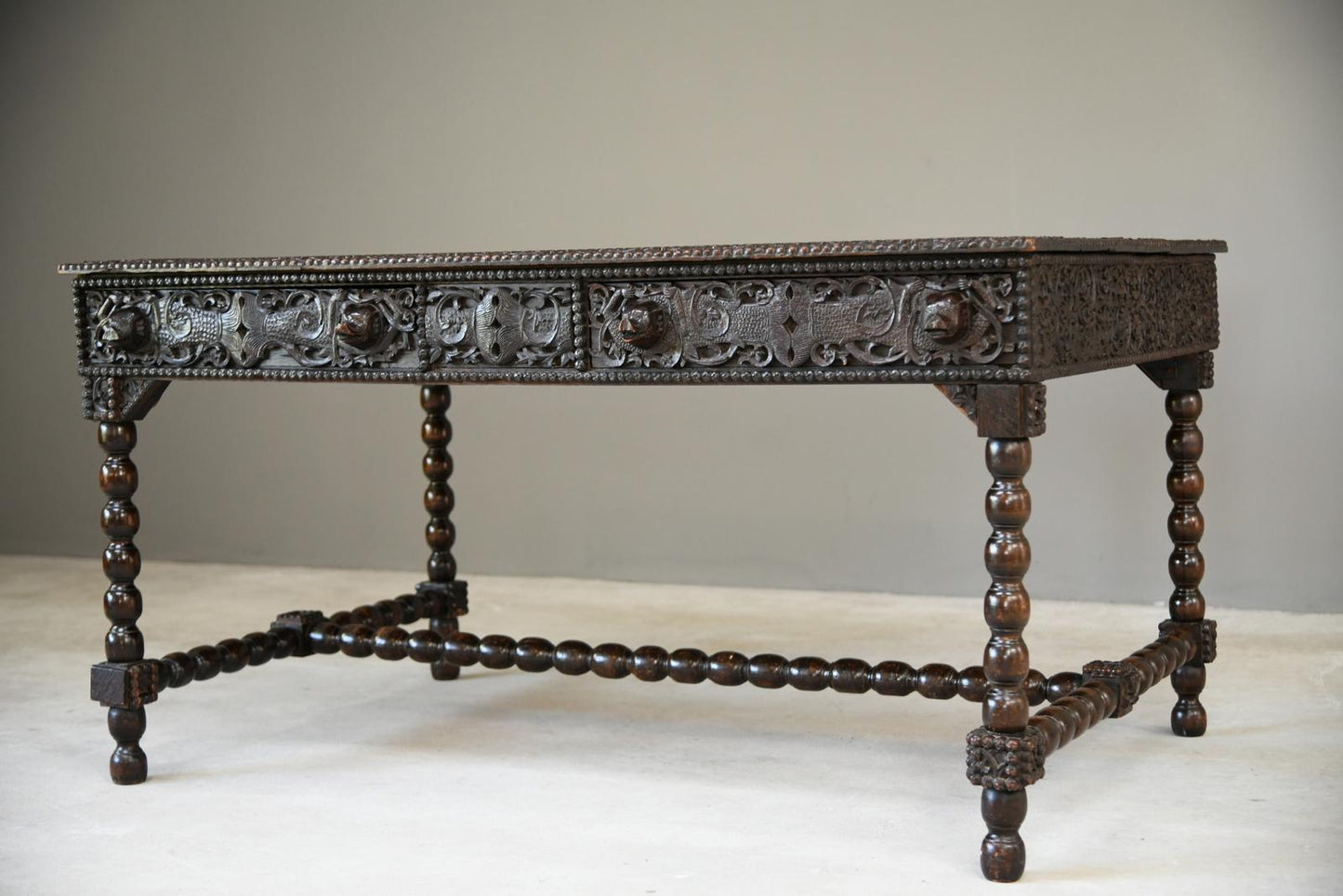 Antique Anglo Indian Carved Padouk Library Table