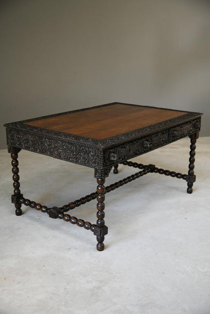 Antique Anglo Indian Carved Padouk Library Table