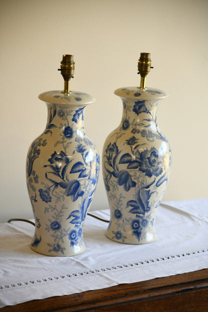 Pair Blue & White Floral Lamps