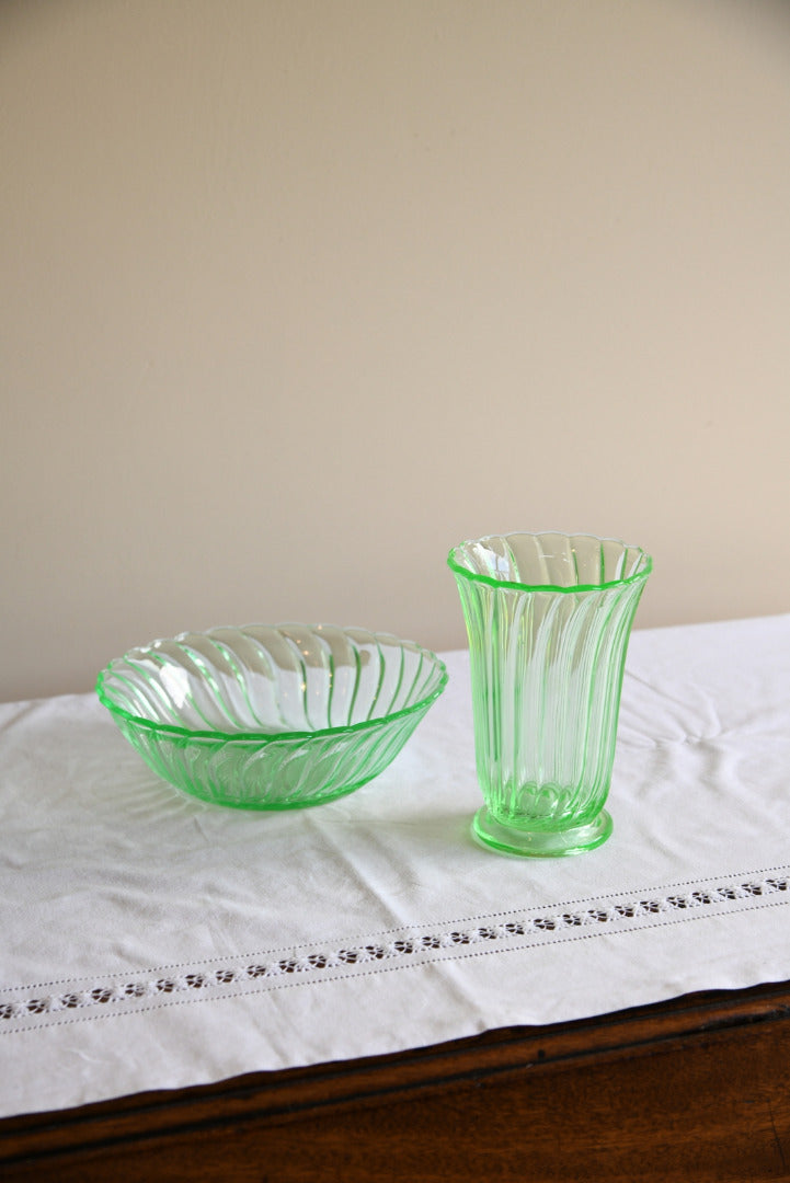 Deco Green Vase & Bowl