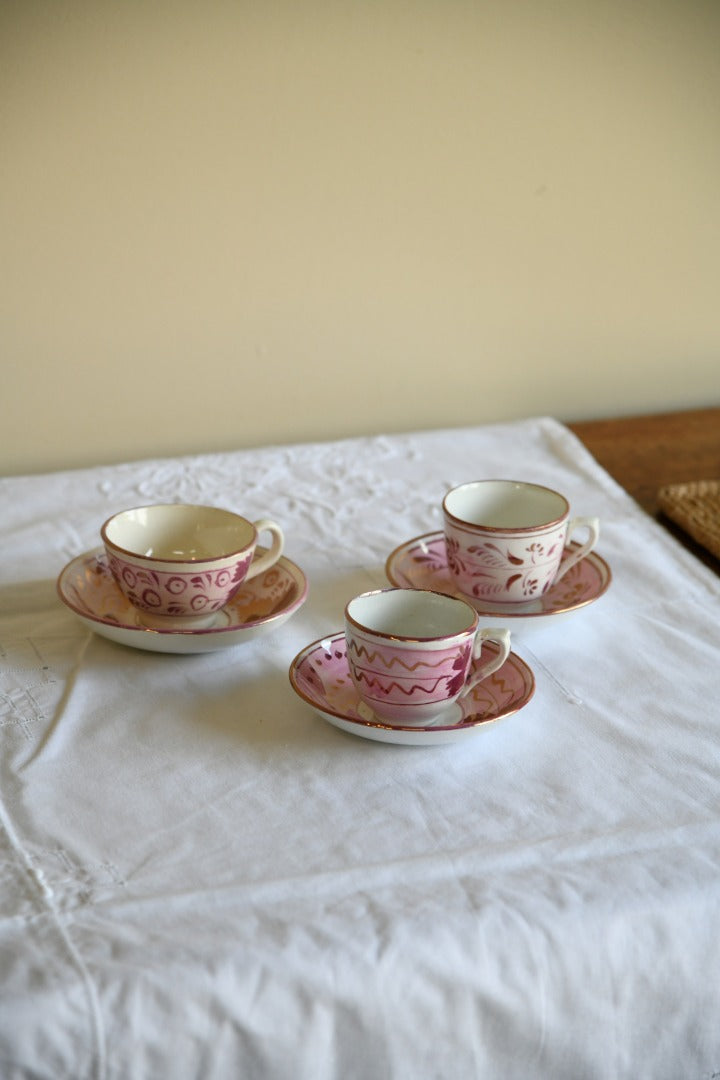 3 Pink Antique Lustre Cups and Saucers