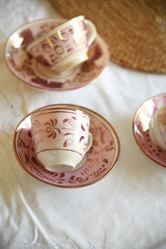 3 Pink Antique Lustre Cups and Saucers