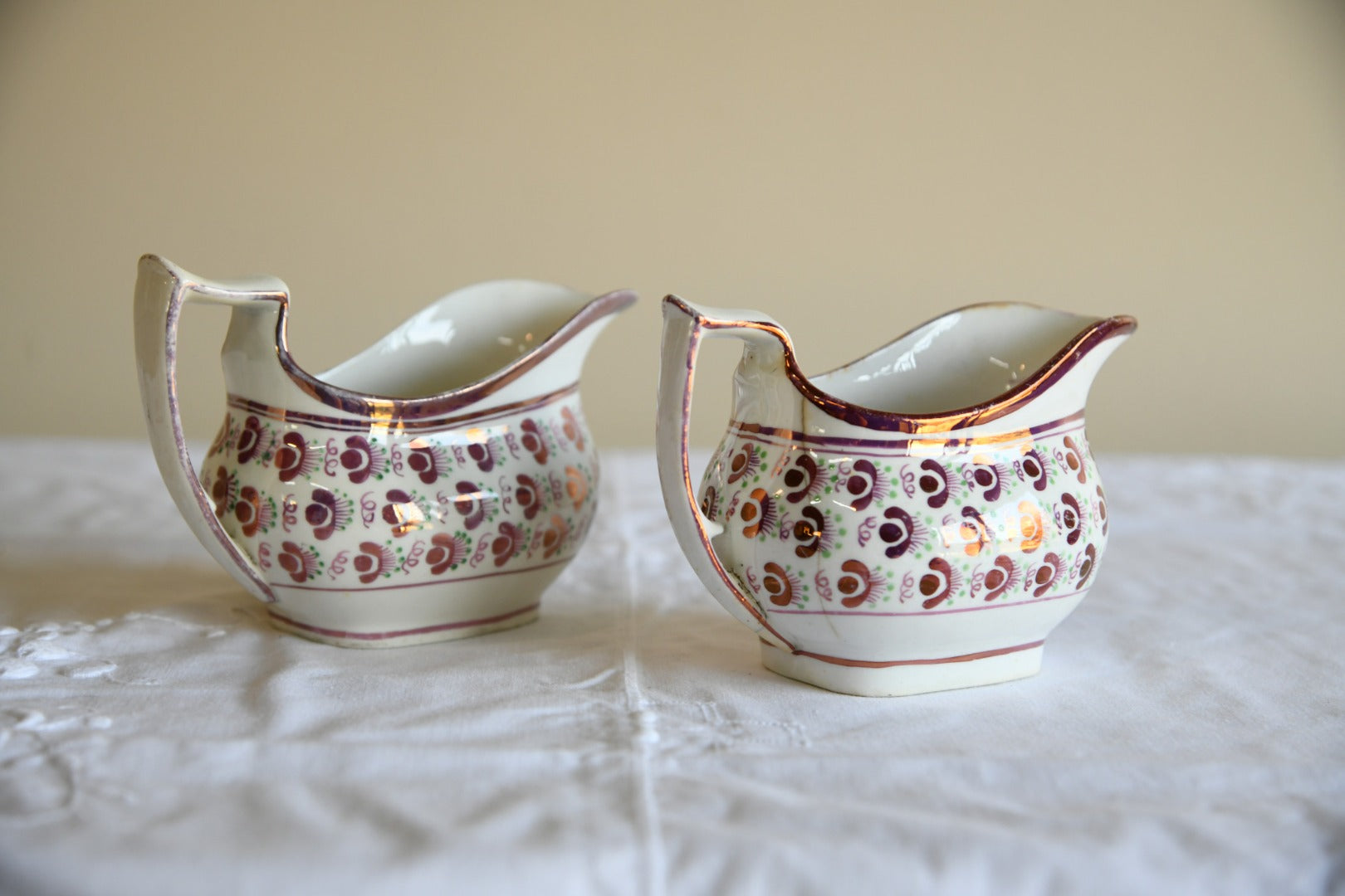 Pair Antique Vintage Pink Lustre Jugs