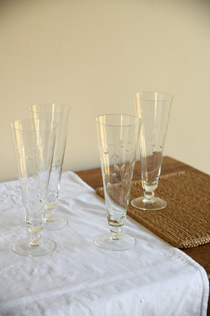 4 Vintage Etched Tall Collins Style Glasses