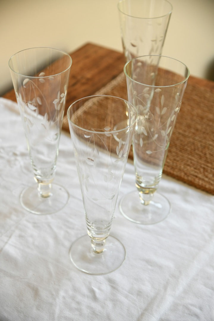 4 Vintage Etched Tall Collins Style Glasses