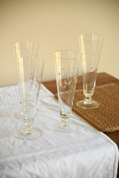 4 Vintage Etched Tall Collins Style Glasses