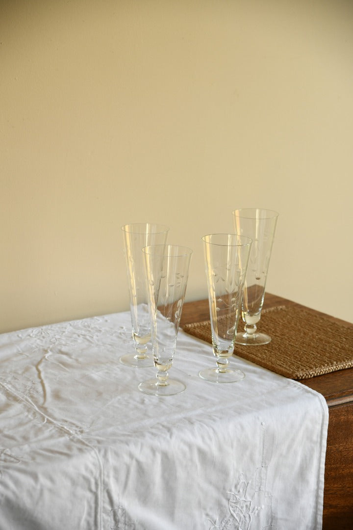 4 Vintage Etched Tall Collins Style Glasses