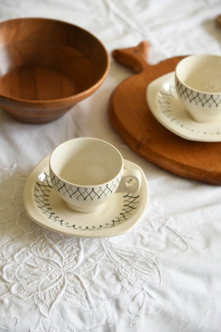 Pair Vintage Coffee Cups & Wooden Bowl & Board