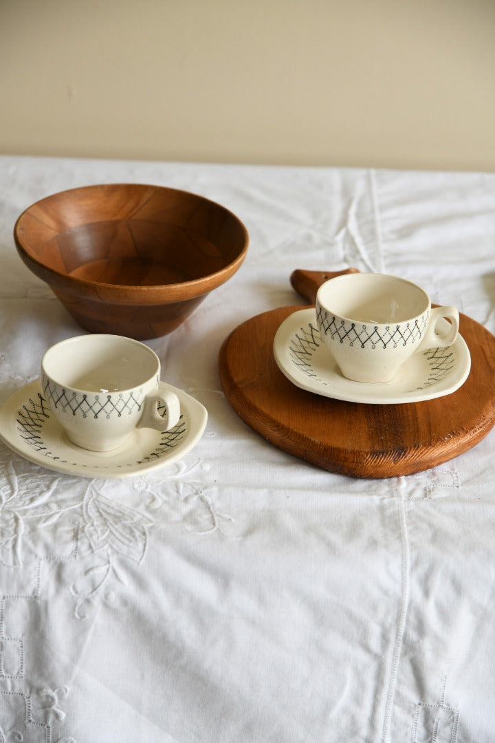 Pair Vintage Coffee Cups & Wooden Bowl & Board